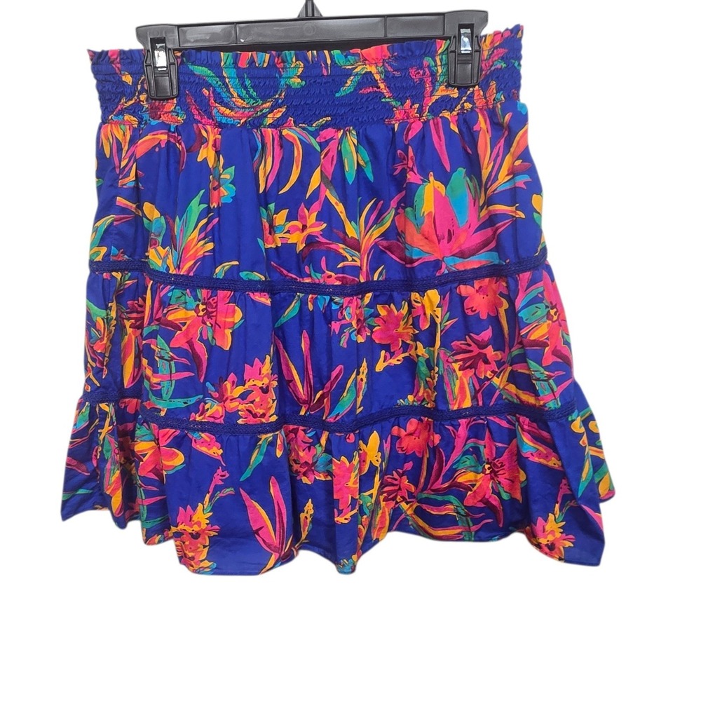 J.Crew Tiered Mini Skirt Womens Medium Blue Floral Smocked Cotton Boho
